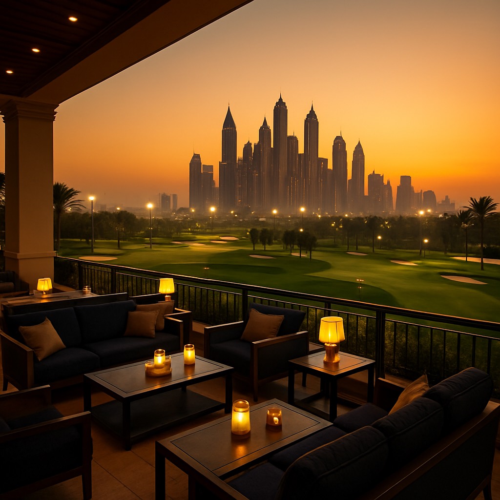 Exklusives Clubhaus einer Golfanlage in Dubai bei Sonnenuntergang